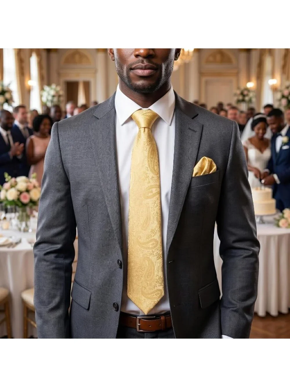Mens Yellow 100% Microfiber Paisley Jacquard Formal Classic Necktie For Business